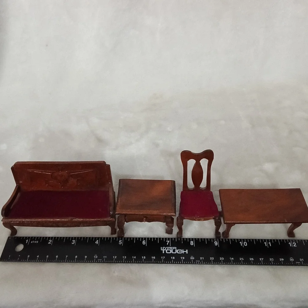 Vintage Miniature Wood Dollhouse Furniture Set 7pc Settee Chairs Tables Burgundy